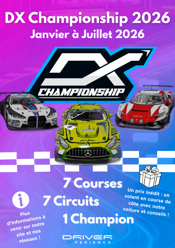 Affiche du DX Championship 2026, Janvier à Juillet, avec 3 voitures de course et les détails : 7 Courses, 7 Circuits, 1 Champion.