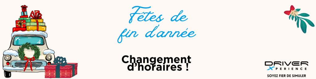 Mini voiture rétro enneigée chargée de cadeaux. Annonce pour les Fêtes de fin d'année : Changement d'horaires !
