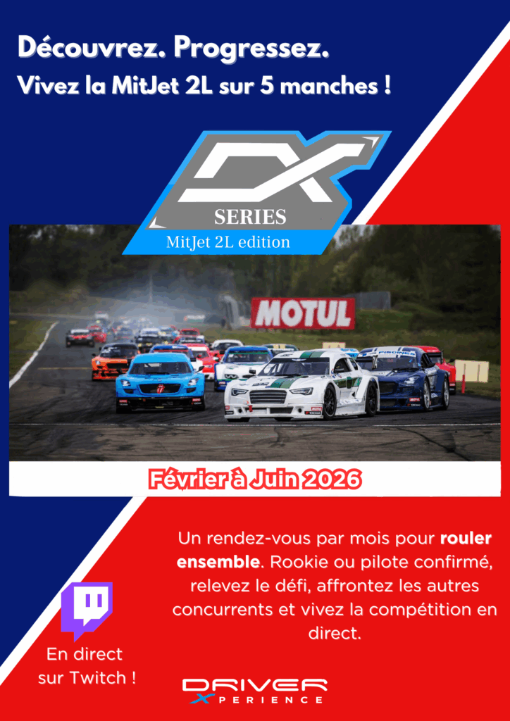 Compétition MitJet 2L (CX Series) : 5 manches en course sur piste, Février à Juin 2026. Pilotez avec Driver Xperience, en direct sur Twitch !